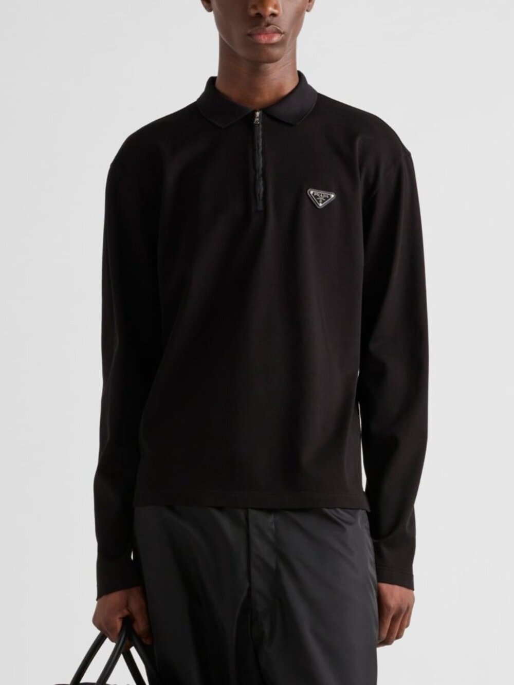 Prada Black Piqué & Re-Nylon Long-Sleeved Polo Shirt